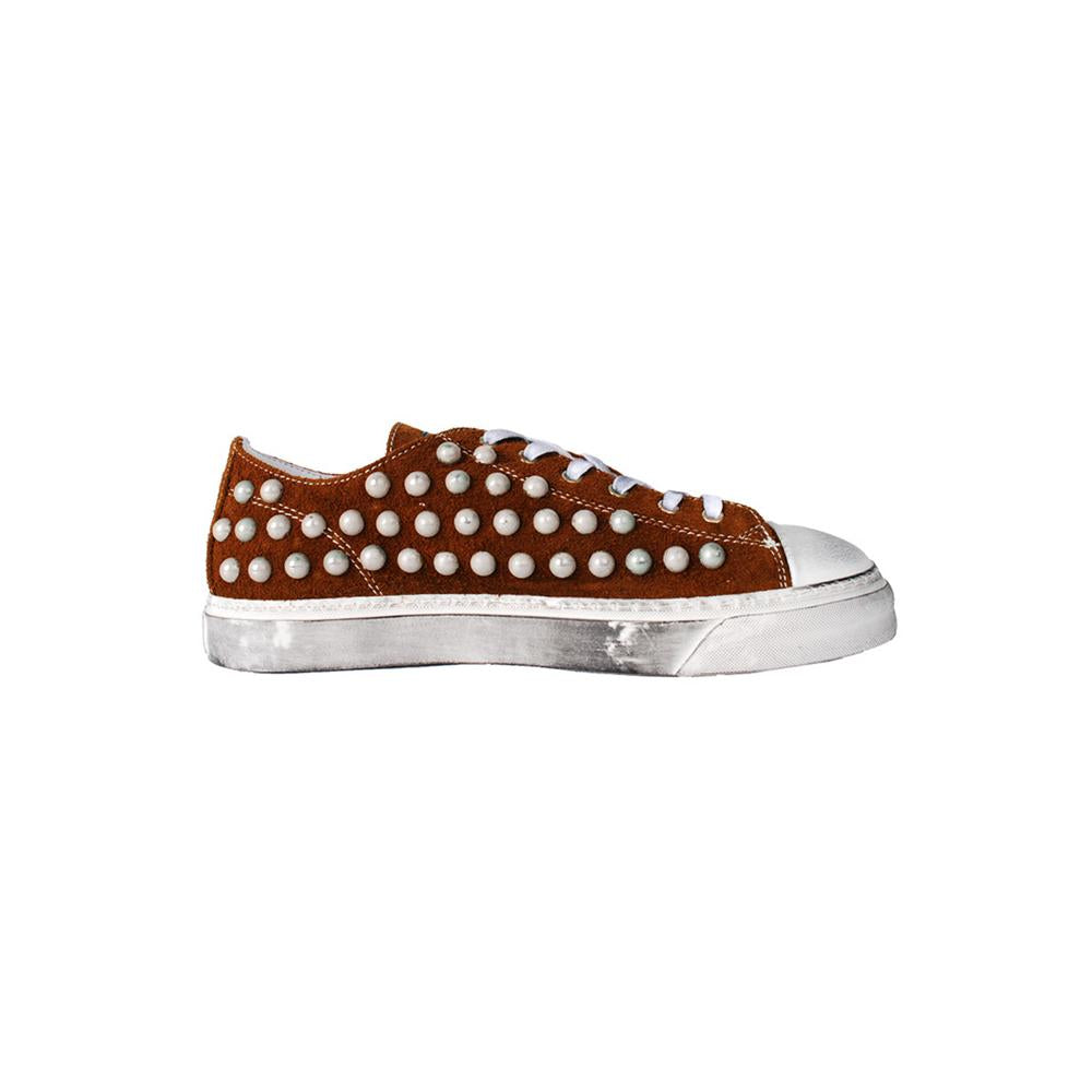 Gienchi Brown Velour Round Studded Vintage Low-Top Sneakers