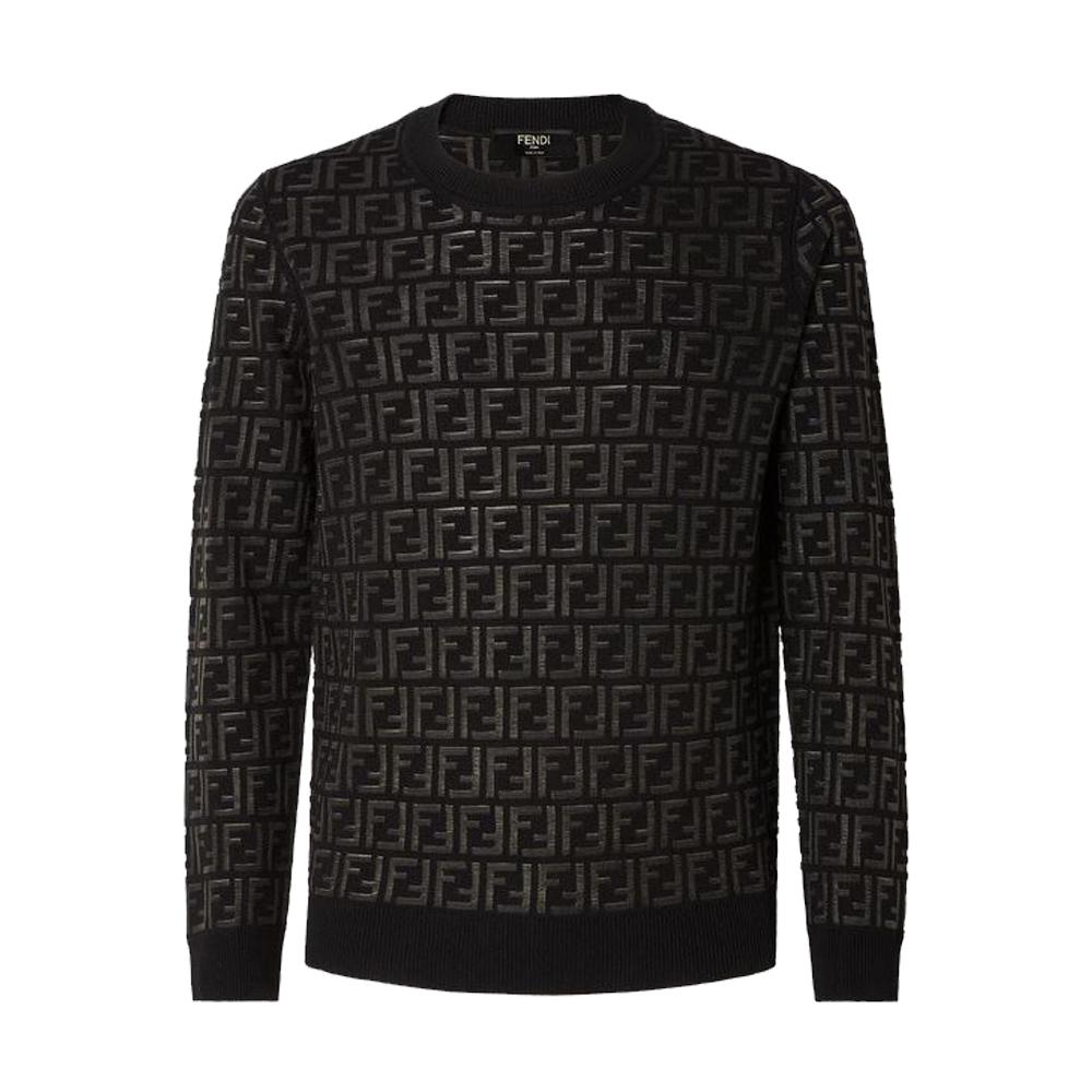 FENDI Black FF Motif Inlay Nylon Wool Crewneck Sweater