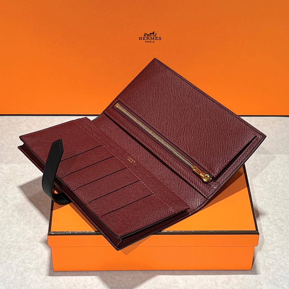 HERMES Epsom Leather Bearn Long Wallet Black Burgundy Two-Tone Gold HW