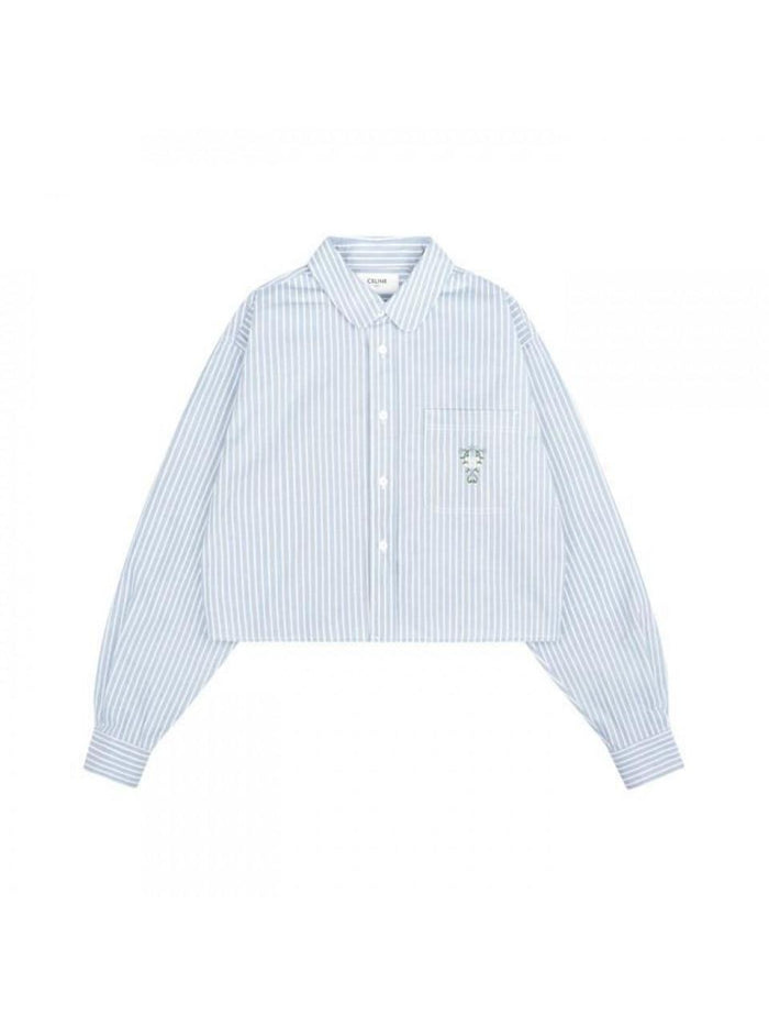 CELINE Hickory Stripe Cotton Crop Shirt Blouse