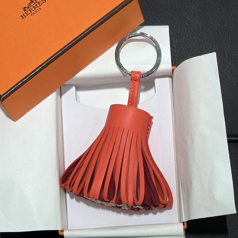 HERMES Tricolor Red Burgundy Ivory Carmen Tassel Keychain Keyring