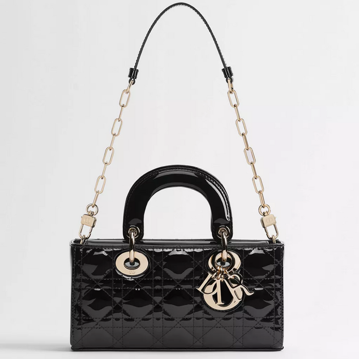 DIOR Lady D-Joy Small Patent Cannage Tote Bag Black White