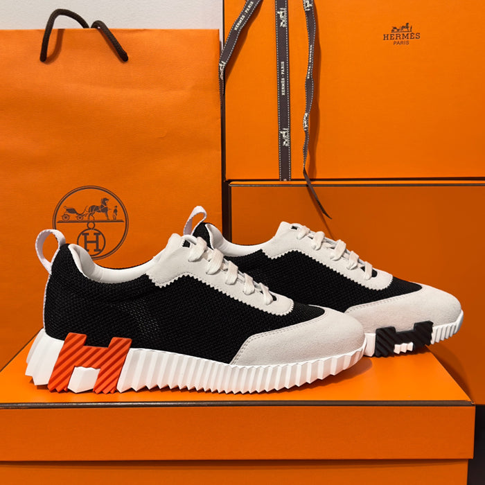 HERMES Bouncing Sneakers Goatskin White Black Women Low-Top