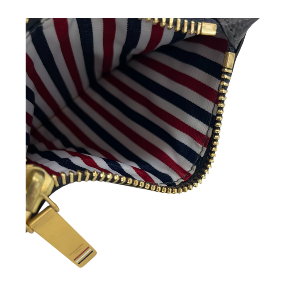 THOM BROWNE Charcoal Leather Card Holder with Tricolor Tab and Logo