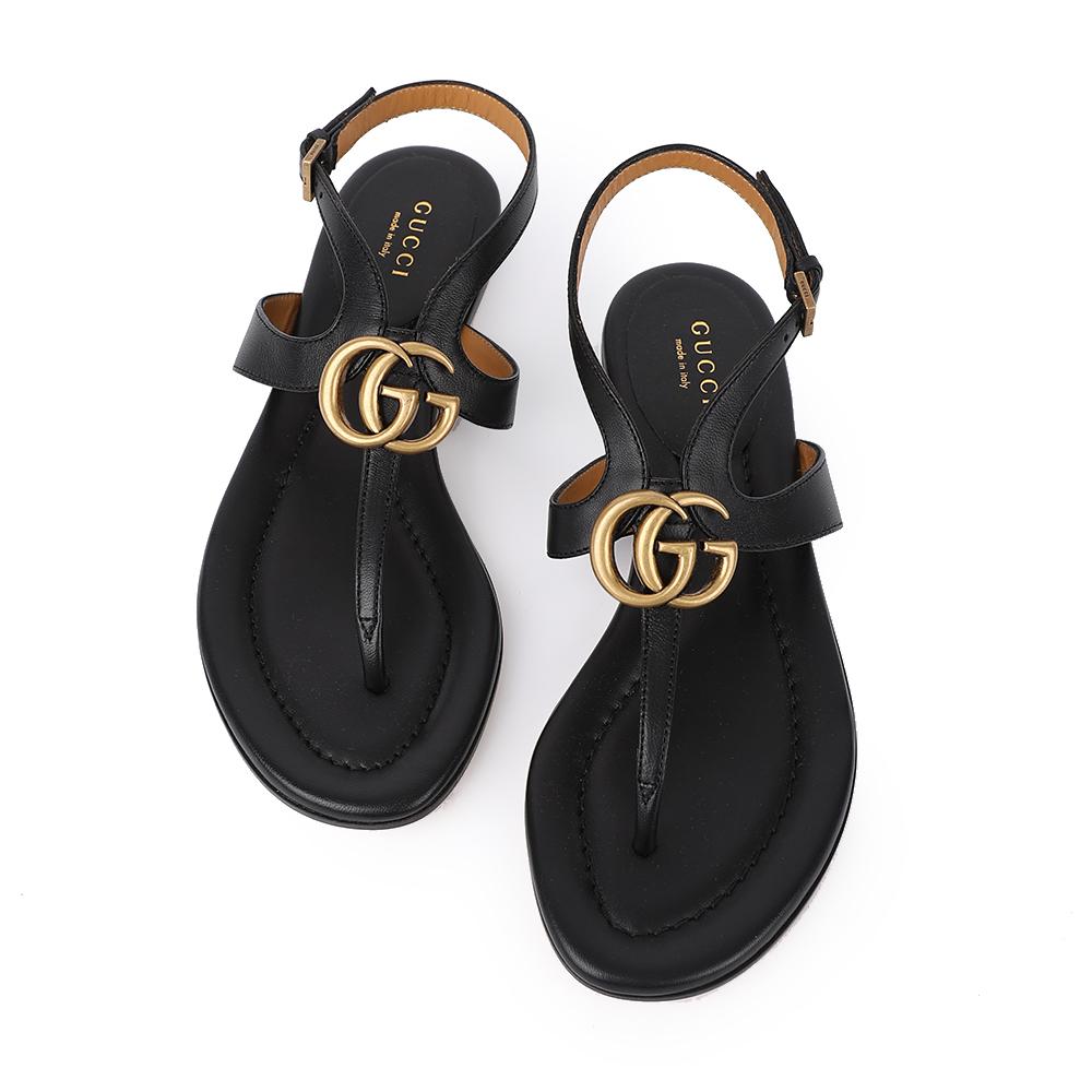 GUCCI Double G T-Strap Sandals Women’s Black Leather Sandals