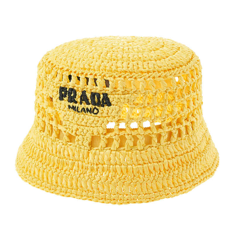 PRADA Raffia Logo Embroidered Bucket Hat Women Black