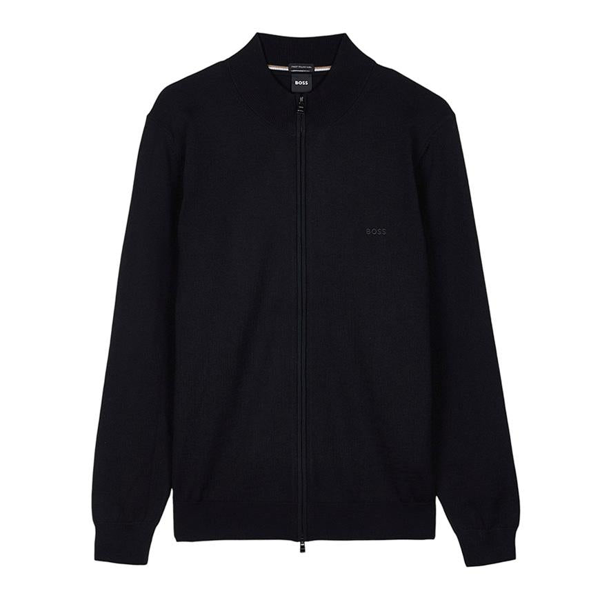 HUGO BOSS Men’s Zip-Up Cardigan with Embroidered Logo Black Knit