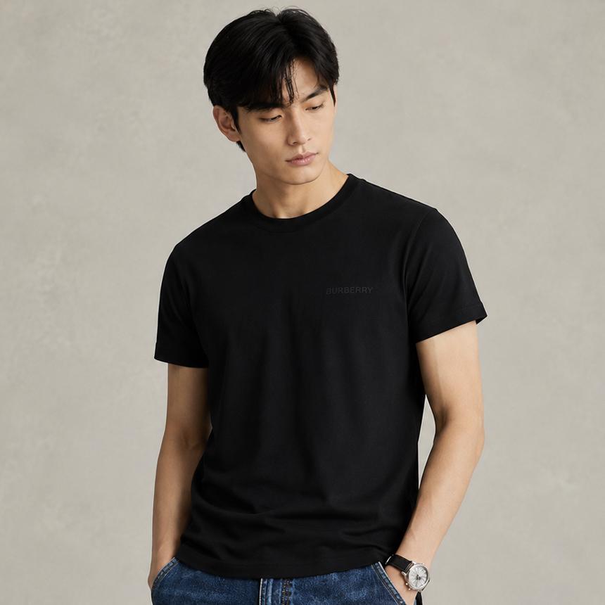 BURBERRY Black Short Sleeve T-Shirt with Embroidered Logo