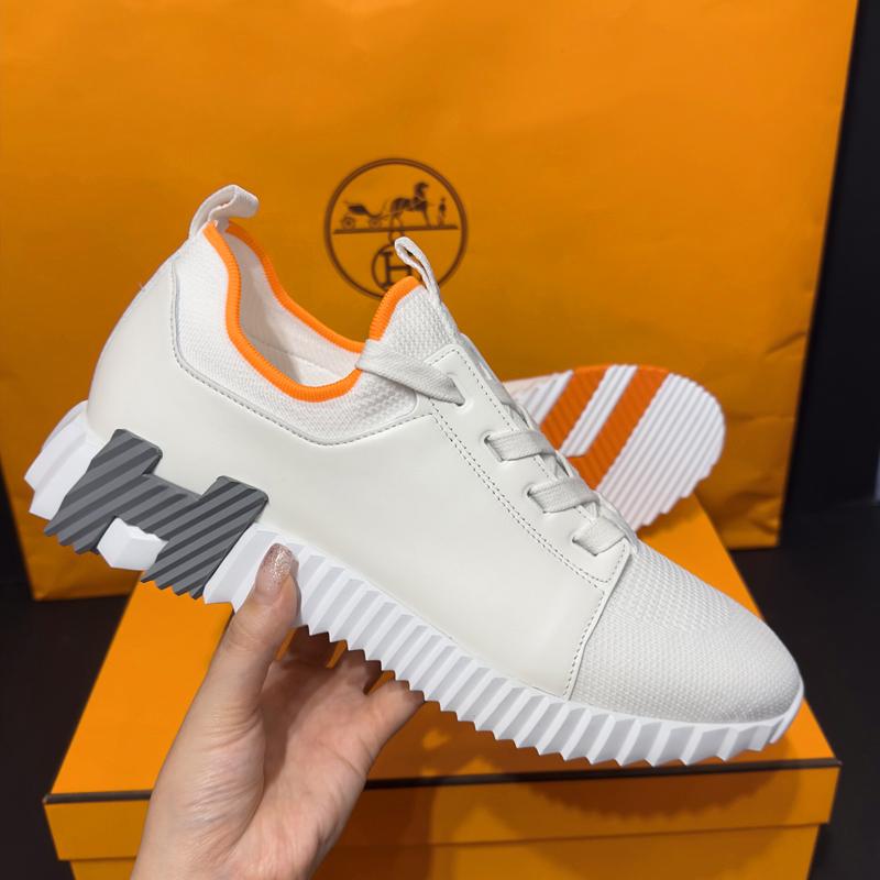 HERMES White/Gray/Orange Calfskin H Logo Low-Top Sneakers for Men