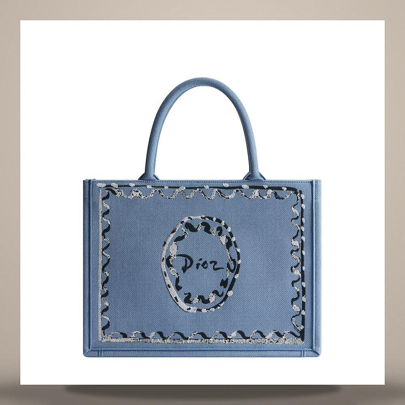 DIOR Blue Gray Embroidered Book Tote Crossbody Bag Medium M1354PETU M57G