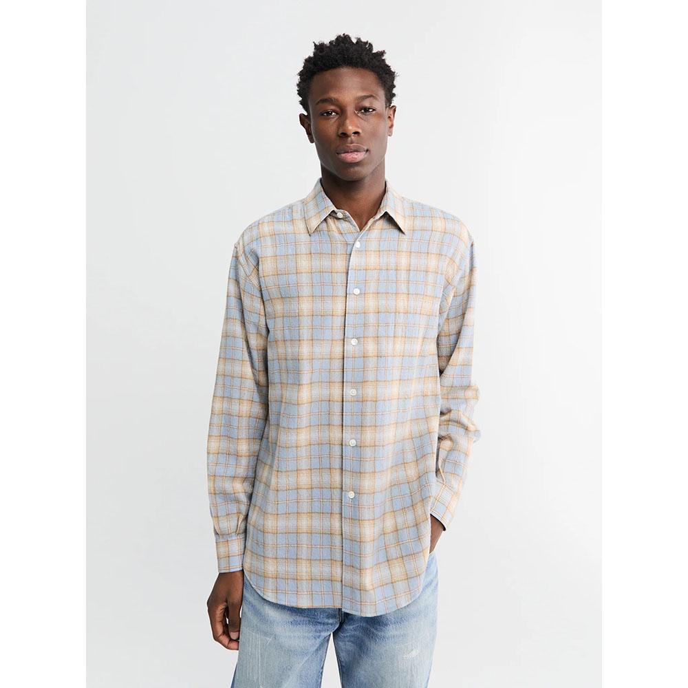 AURALEE Airy Wool Light Blue Beige Check Long Sleeve Shirt for Men A25AS01WN