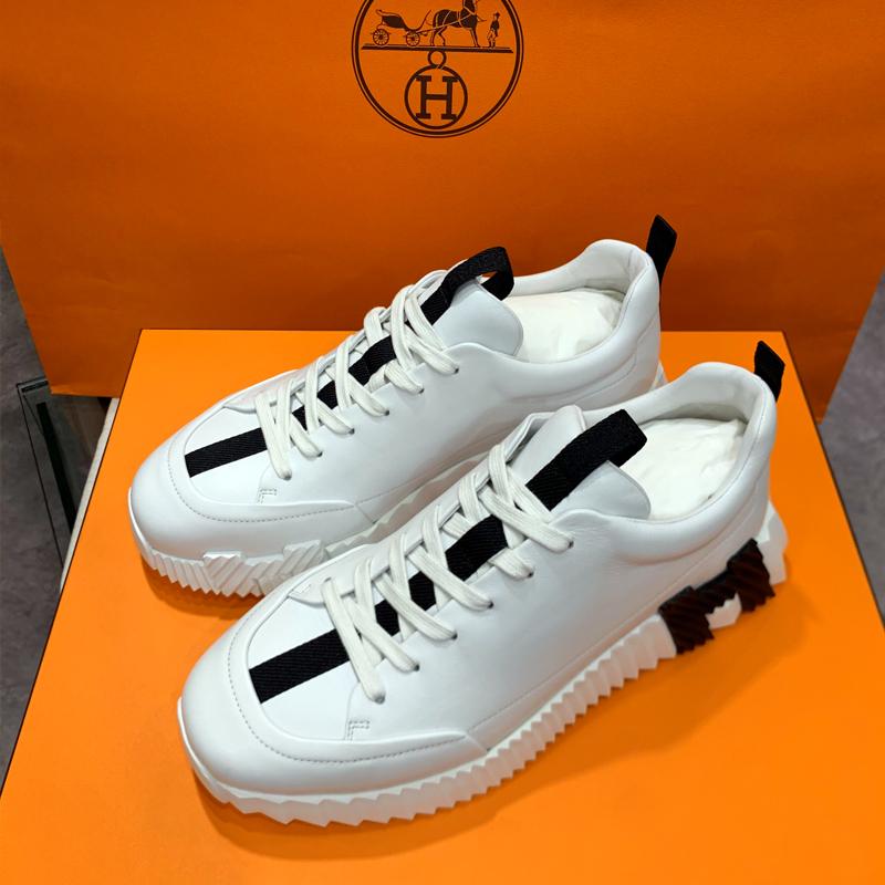 HERMES Men’s Jump Sneakers Calfskin H Two-Tone White Black Low-Top
