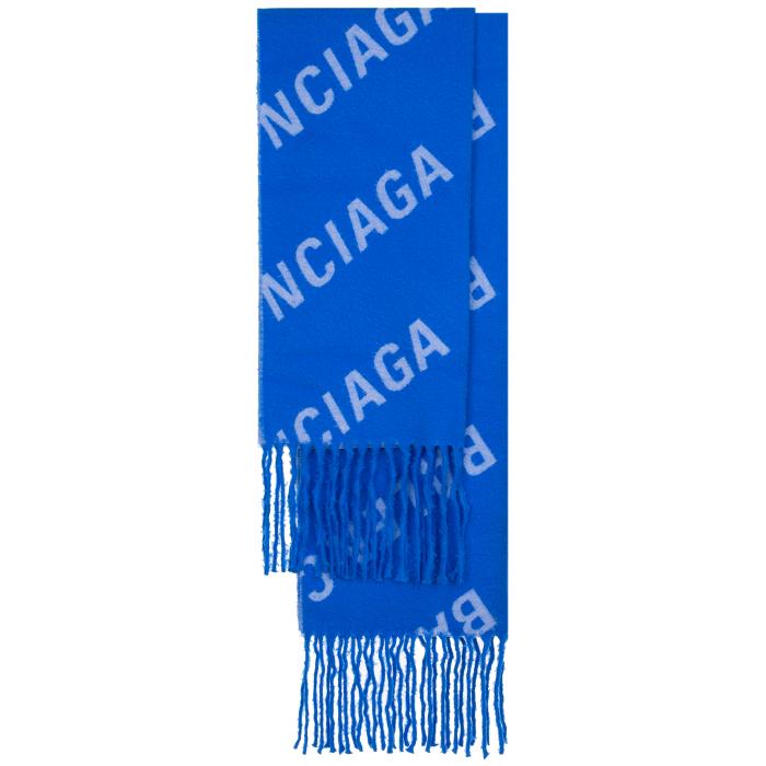 BALENCIAGA Two-Face Logo Maxi Scarf Navy Blue Wool