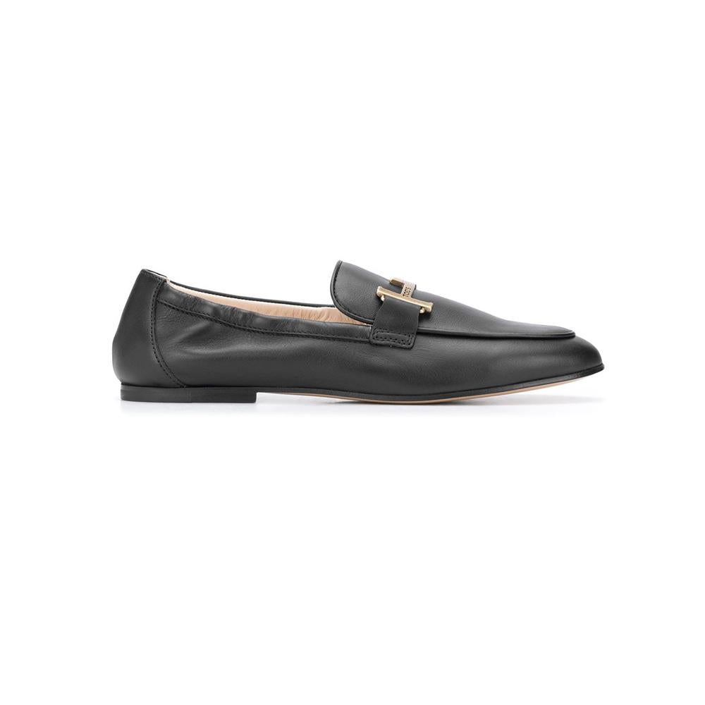 Tods Double T Gold Hardware Leather Loafers Black Women’s