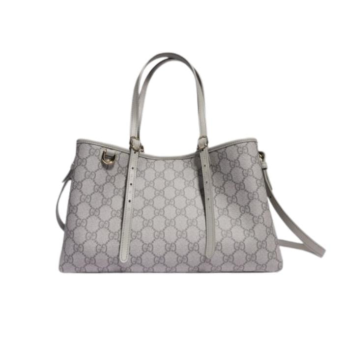 GUCCI GG Emblem Small Tote Bag Gray Leather Shoulder Bag