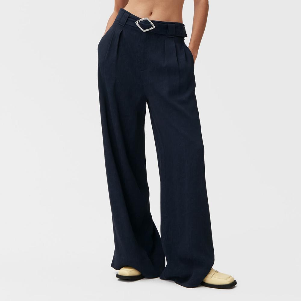 GANNI High-Waist Wide-Leg Pleated Viscose Cropped Pants Navy F7171
