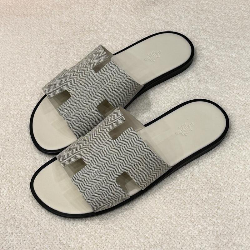 HERMES Izmir Sandals White Herringbone Calfskin Men's Slippers