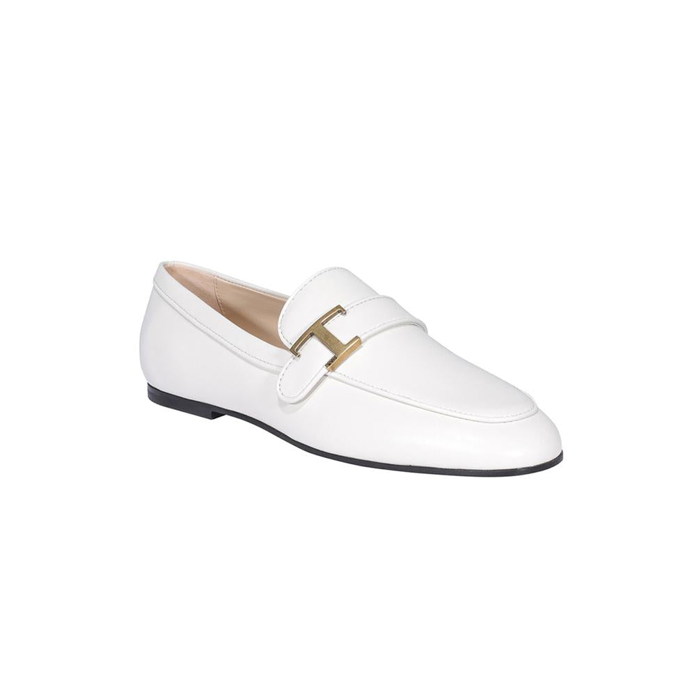 Tods White Leather Moccasin Loafers with Gold T Logo