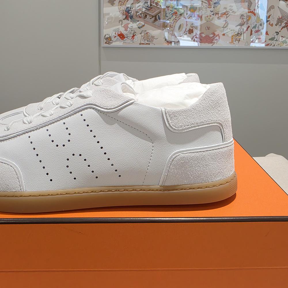 HERMES Men’s Match Sneakers White Canvas Leather Low-Top