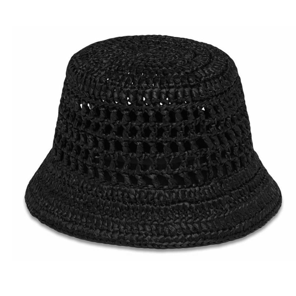 PRADA Black Raffia Logo Embroidered Bucket Hat 2HC137 2A2T F0002