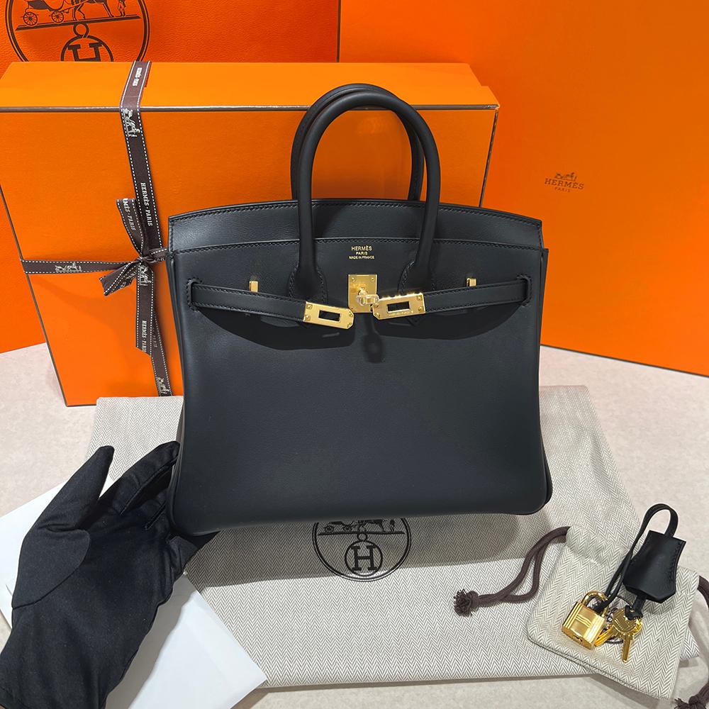 HERMES Swift Leather Birkin Tote Bag Black Gold Hardware 25cm