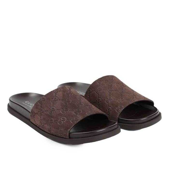 GUCCI Men’s GG Logo Slide Sandals Brown Leather Slippers