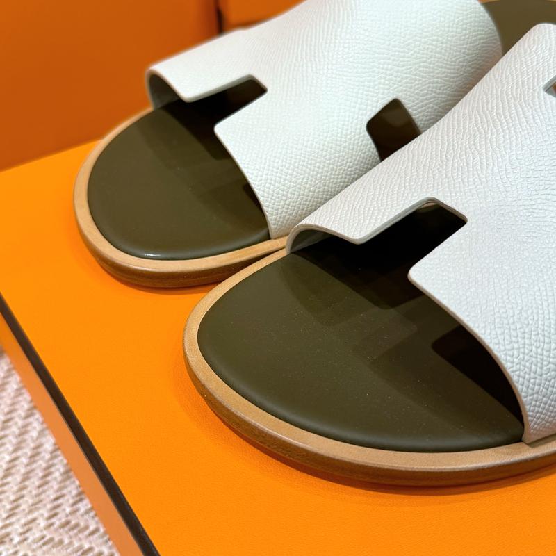 HERMES Izmir Sandals Epsom Calfskin Khaki Beige Men's Slippers