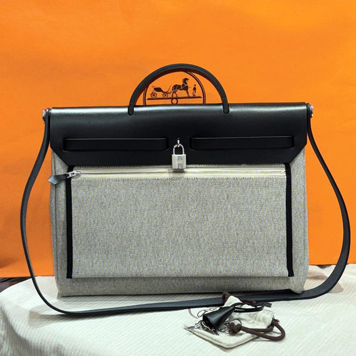 HERMES Herbag Messenger Two-Tone Black Gray Palladium Hardware Tote 39