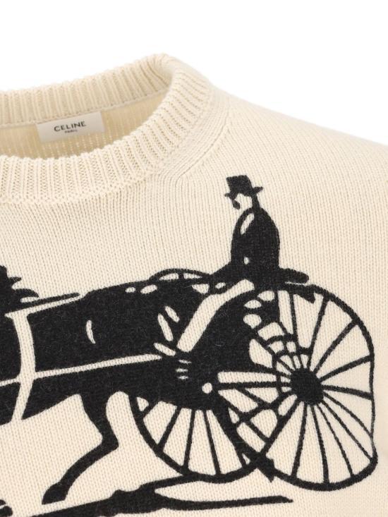 CELINE White Black Wool Round Neck Knit Sweater for Men