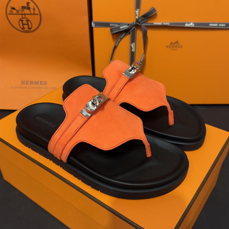 HERMES Empire Kelly Buckle Suede Goatskin Orange Silver Sandals