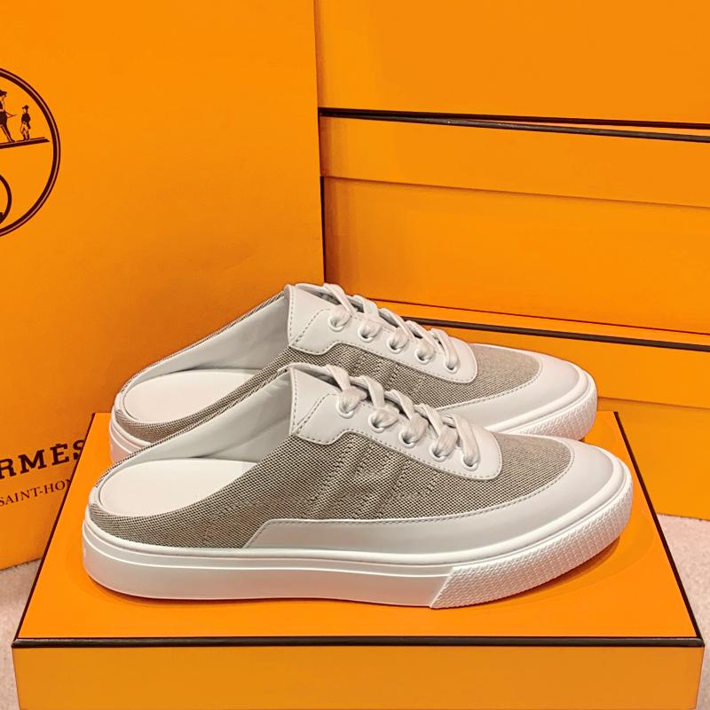 HERMES Canvas Calfskin Keep Sneaker Mules White Beige