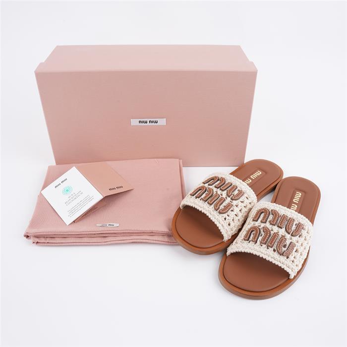 Miu Miu Cotton Crochet Leather Slide Sandals