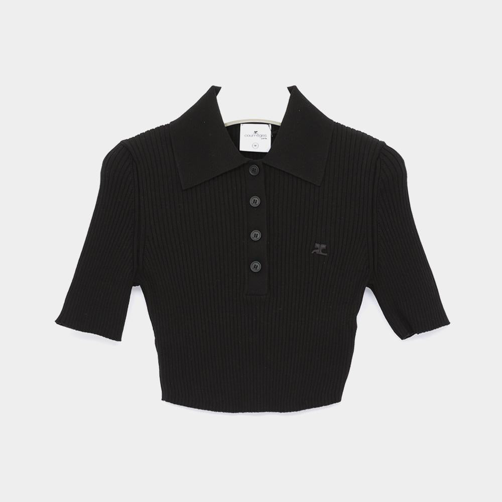 courreges Logo Button Collar Crop Short Sleeve Knit Top 125MP0046FI0001 9999