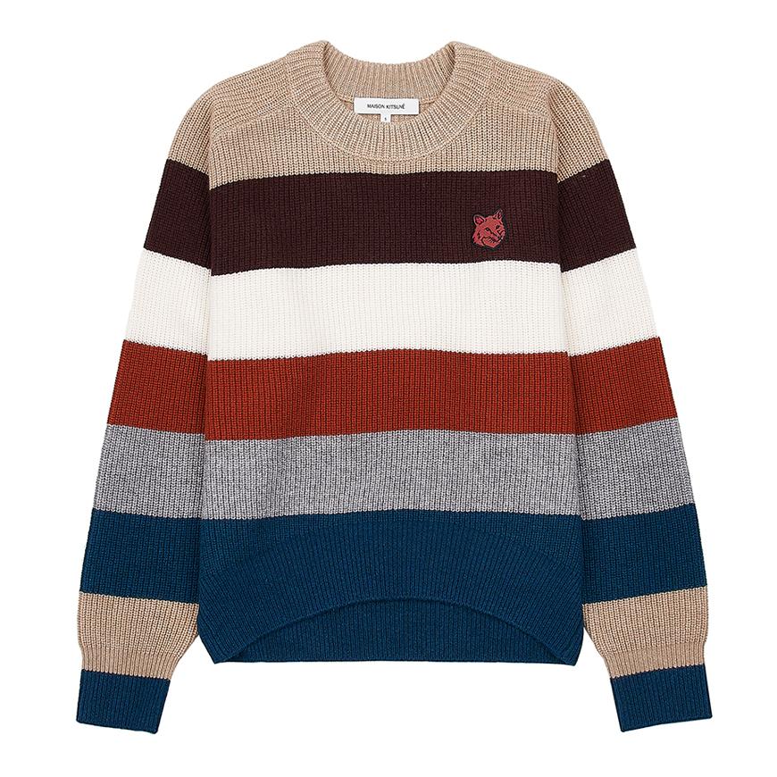 Maison Kitsune Bold Fox Head Patch Round Neck Knit LW00808KT1093 MULTICO STRIPES