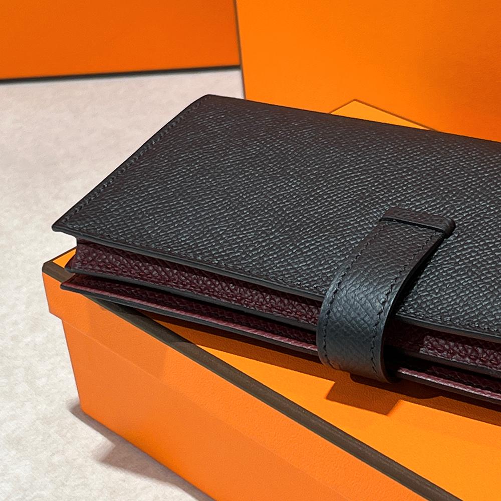 HERMES Epsom Leather Bearn Long Wallet Black Burgundy Two-Tone Gold HW
