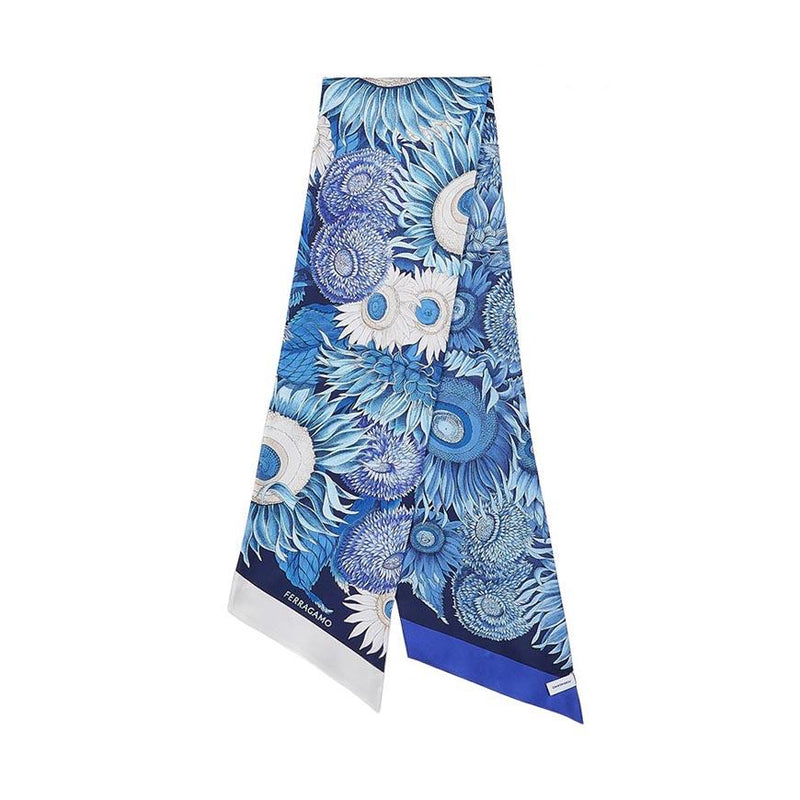 Ferragamo Sunflower Print Silk Twilly Scarf Marine Navy Women