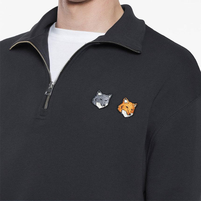 Maison Kitsune Double Fox Head Half Zip Sweatshirt Anthracit OM211CF KM0321 P190