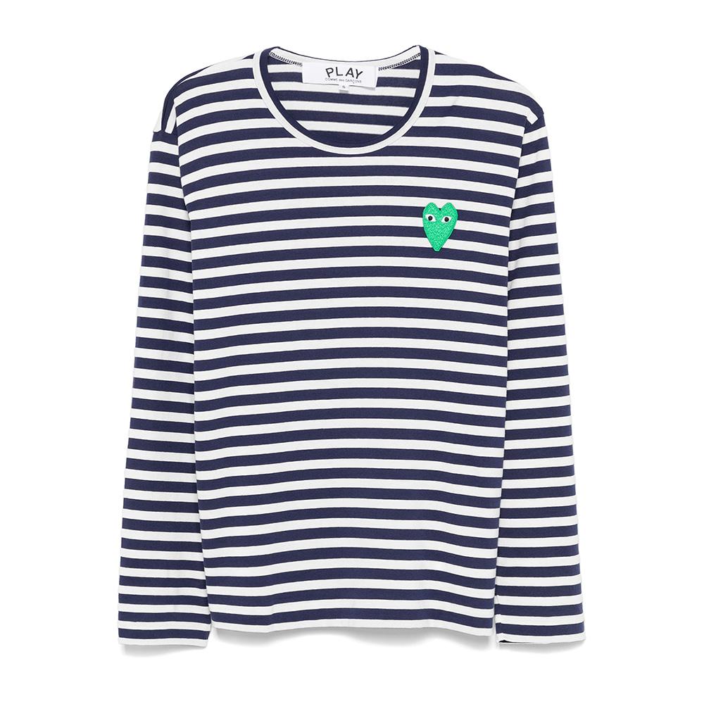 Comme des Garcons Green Heart Stripe Long Sleeve T-Shirt Navy AZ T052 051 1
