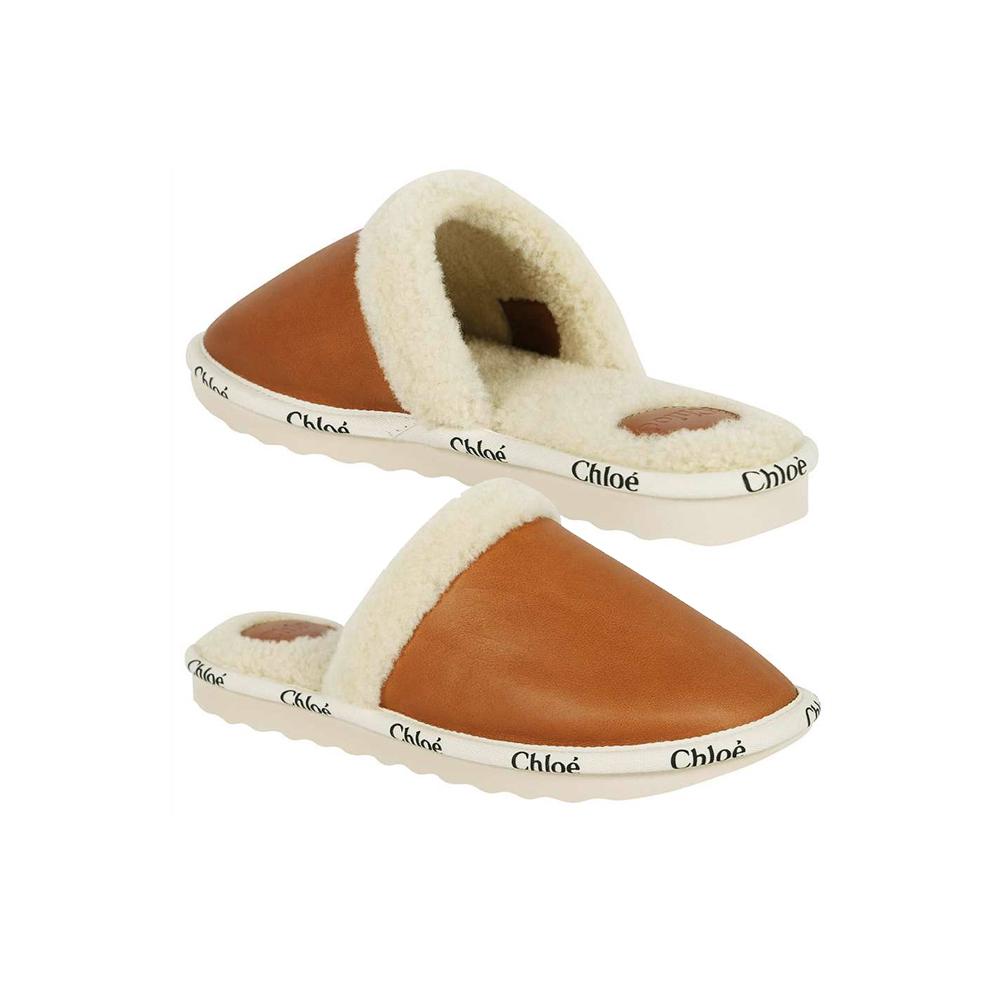 Chloe Woody Logo Trim Faux Fur Backless Loafers Camel Brown