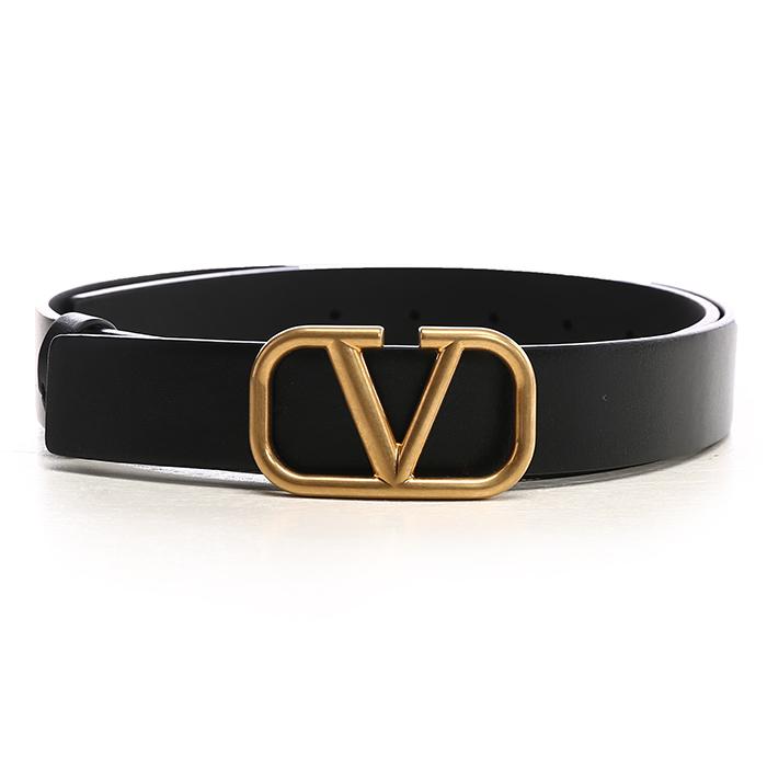 VALENTINO V Logo Gold-Tone Buckle Black Leather Belt Men