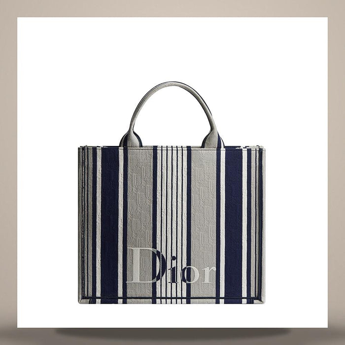 DIOR Gray Blue Oblique Sun Stripe Jacquard Medium Strap Tote Bag 1BTSH299TSSH014