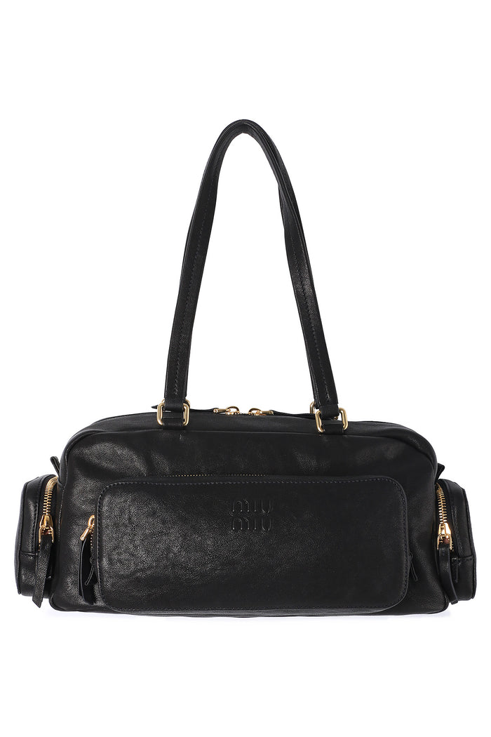 Miu Miu Black Washed Nappa Leather Pocket Tote Bag