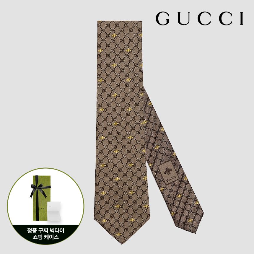 GUCCI GG Bee Pattern Beige Silk Tie