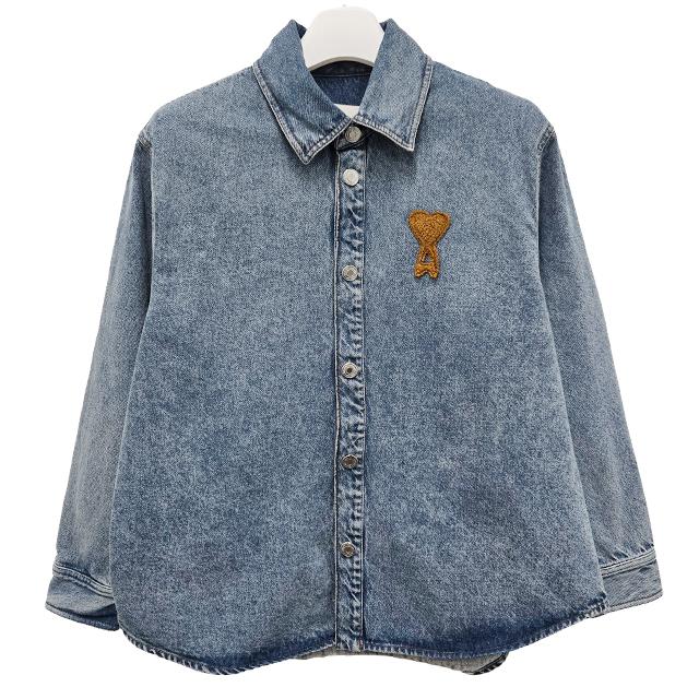 AMI Blue Cotton Oversized Denim Shirt with Heart Logo UJK897 DE0046 480