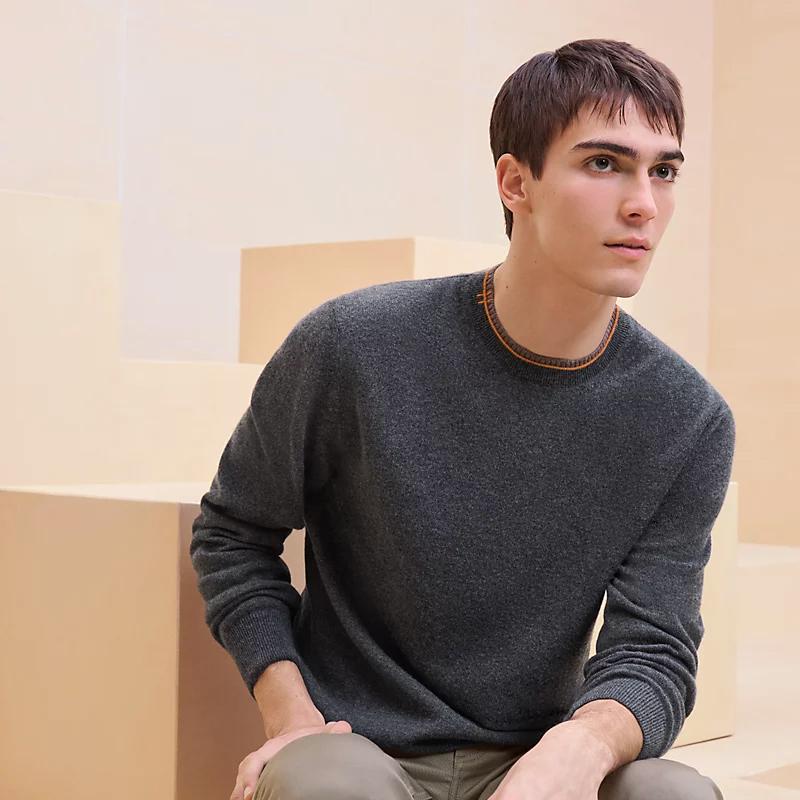 HERMES Charcoal Cashmere Sleeve Crewneck Knit Sweater for Men