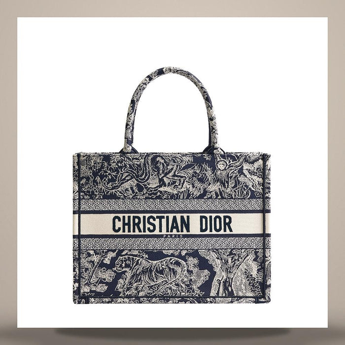 DIOR Blue Ecru Toile de Jouy Reverse Embroidered Medium Book Tote Bag