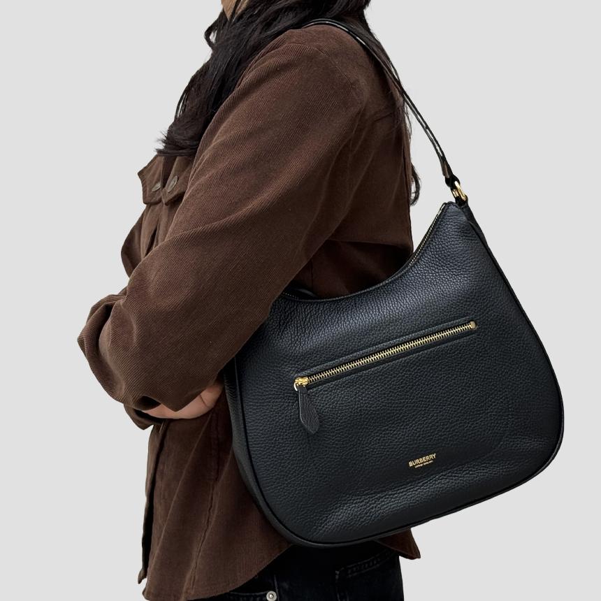 BURBERRY Grain Leather Hobo Shoulder Bag Black 81046821