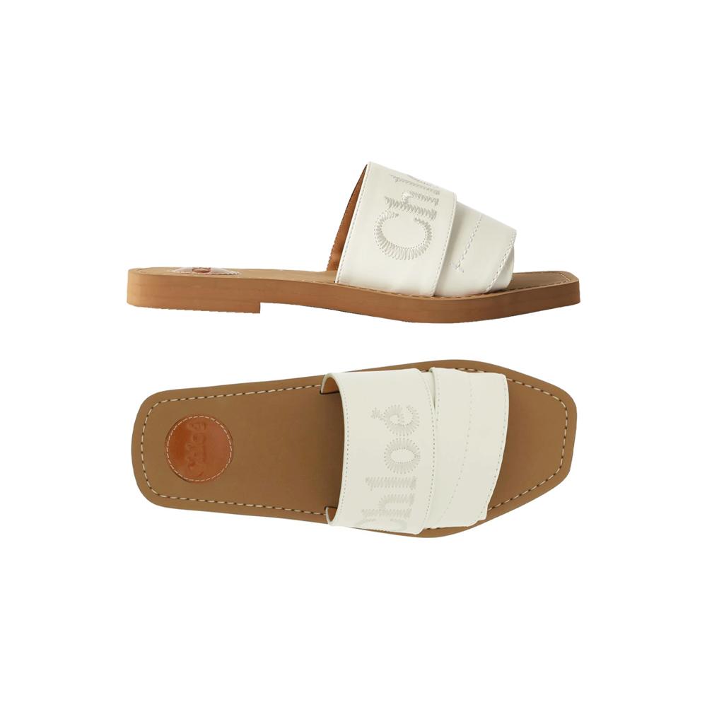 Chloe Woody Embroidered Logo Strap Sandals White