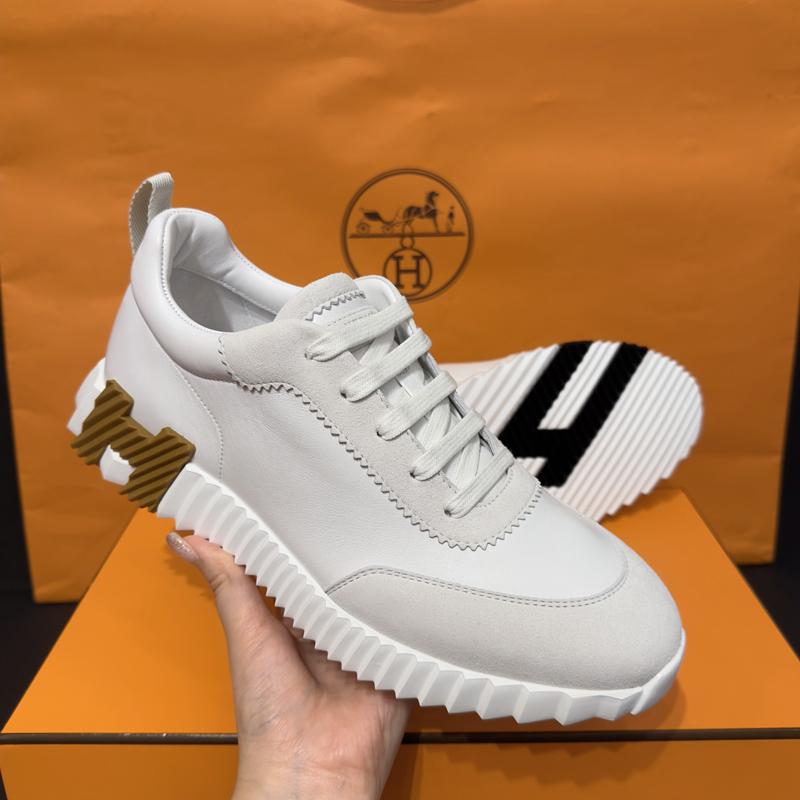 HERMES White Leather Two-Tone Brown Black H Logo Low-Top Sneakers