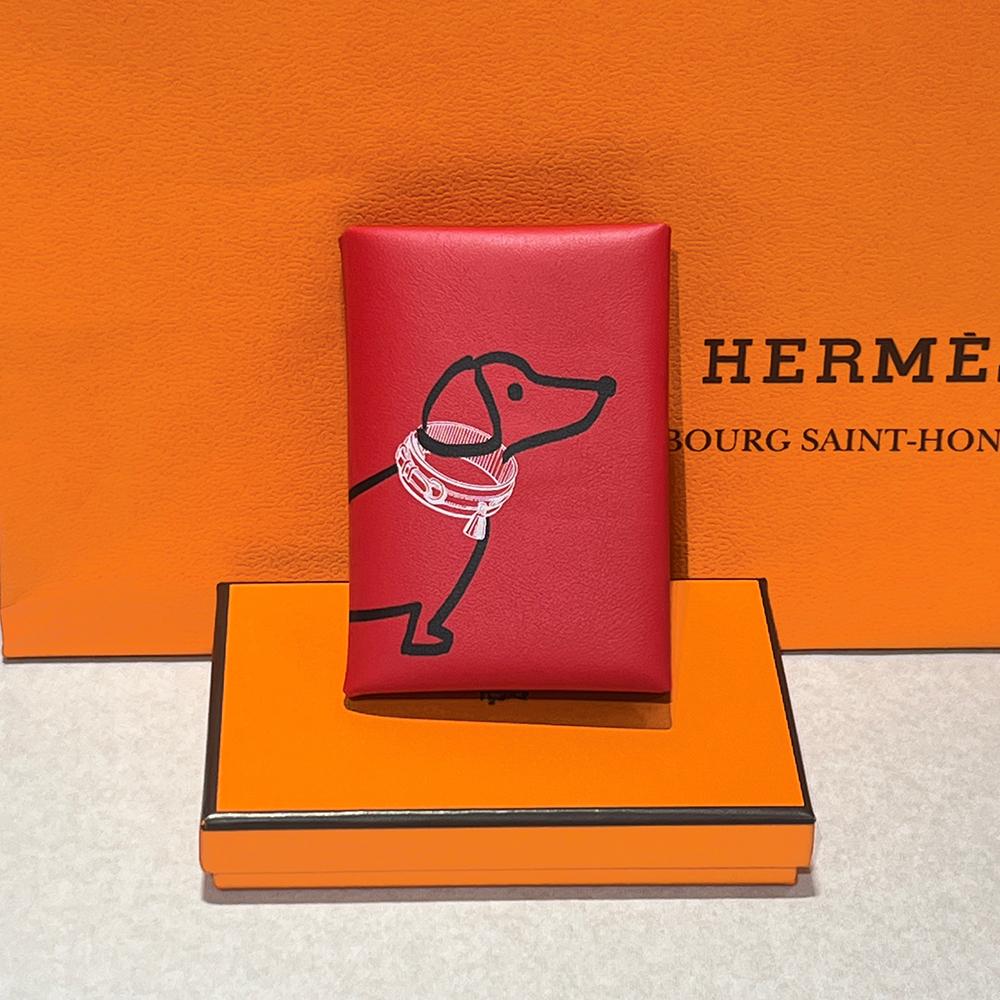 HERMES Red Swift Leather Calvi Duo Compact Card Holder Palladium Hardware